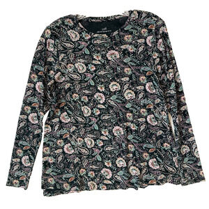J Jill 100% Cotton Top Womens Small‎ Black Pink Paisley Floral Pima Crewneck